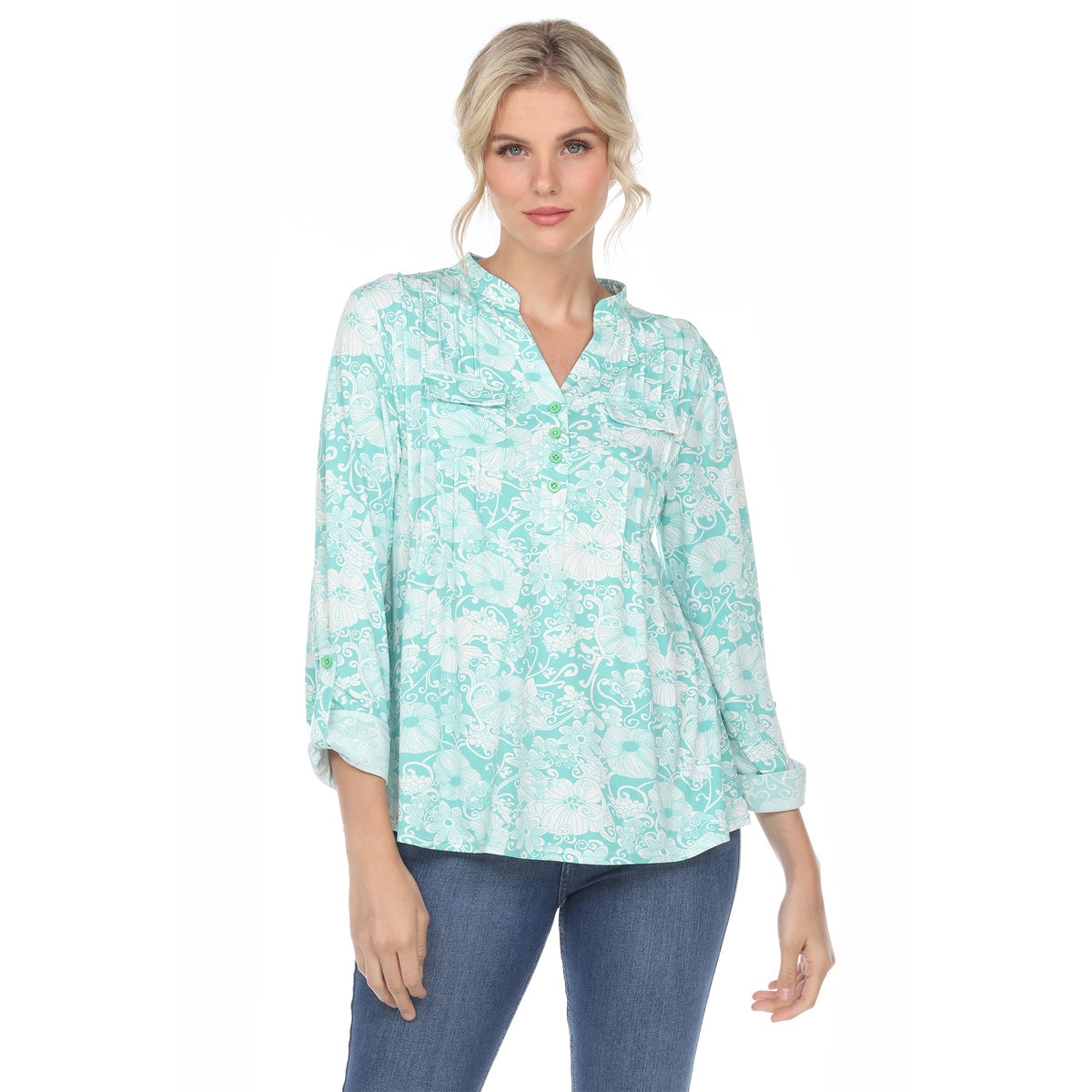  White Mark Women's Pleated Long Sleeve Floral Print Blouse - S - Bonton