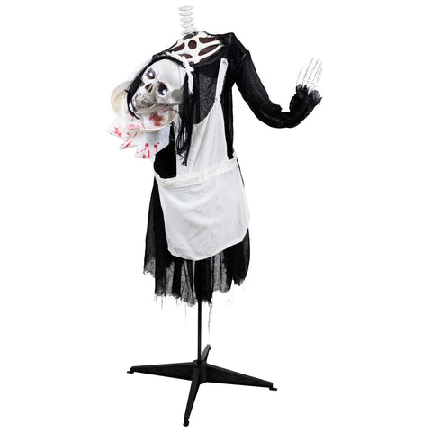 LED Animated Head-in-Hand Skeleton Maid Halloween Decoration - 57" - White Lights