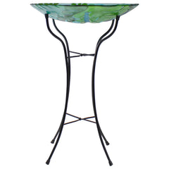 18" Colorful Dragonfly With Green Leaves Hand Painted Glass Outdoor Patio Birdbath