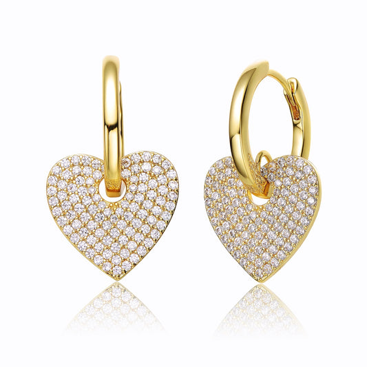 RG 14k Yellow Gold Plated With Cubic Zirconia Heart Dangle Infinity Hoop Drop Earrings