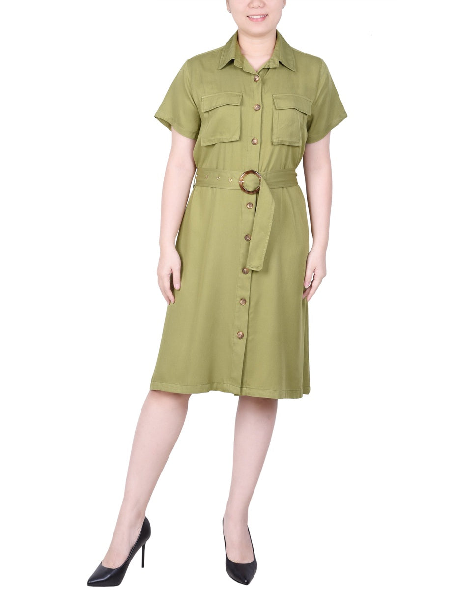  NY Collection Petite Short Sleeve Safari Style Dress - Olive Green - Bonton