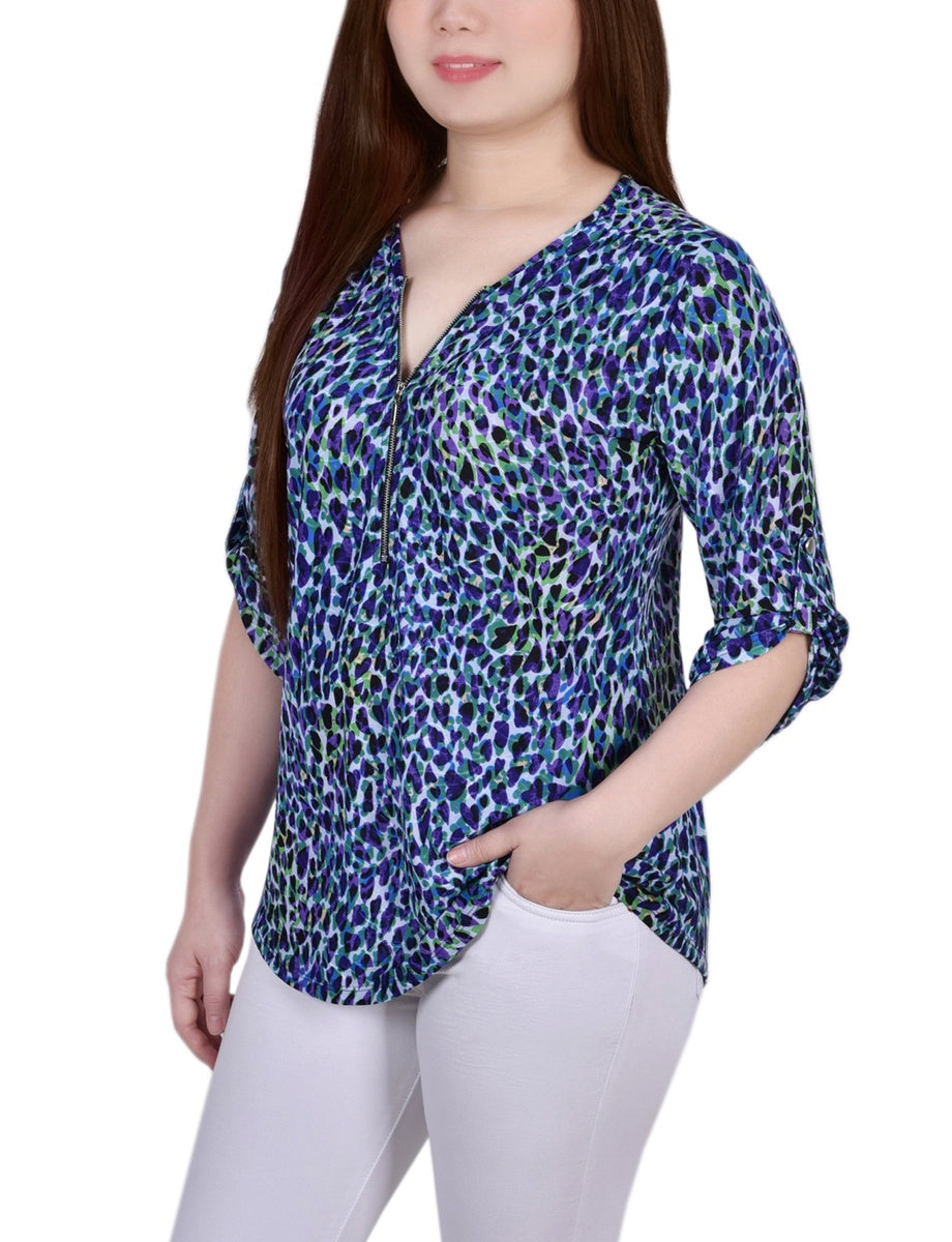  NY Collection 3/4 Roll Tab Zip Front Jacquard Knit Top - Red Sakadotduo - Bonton