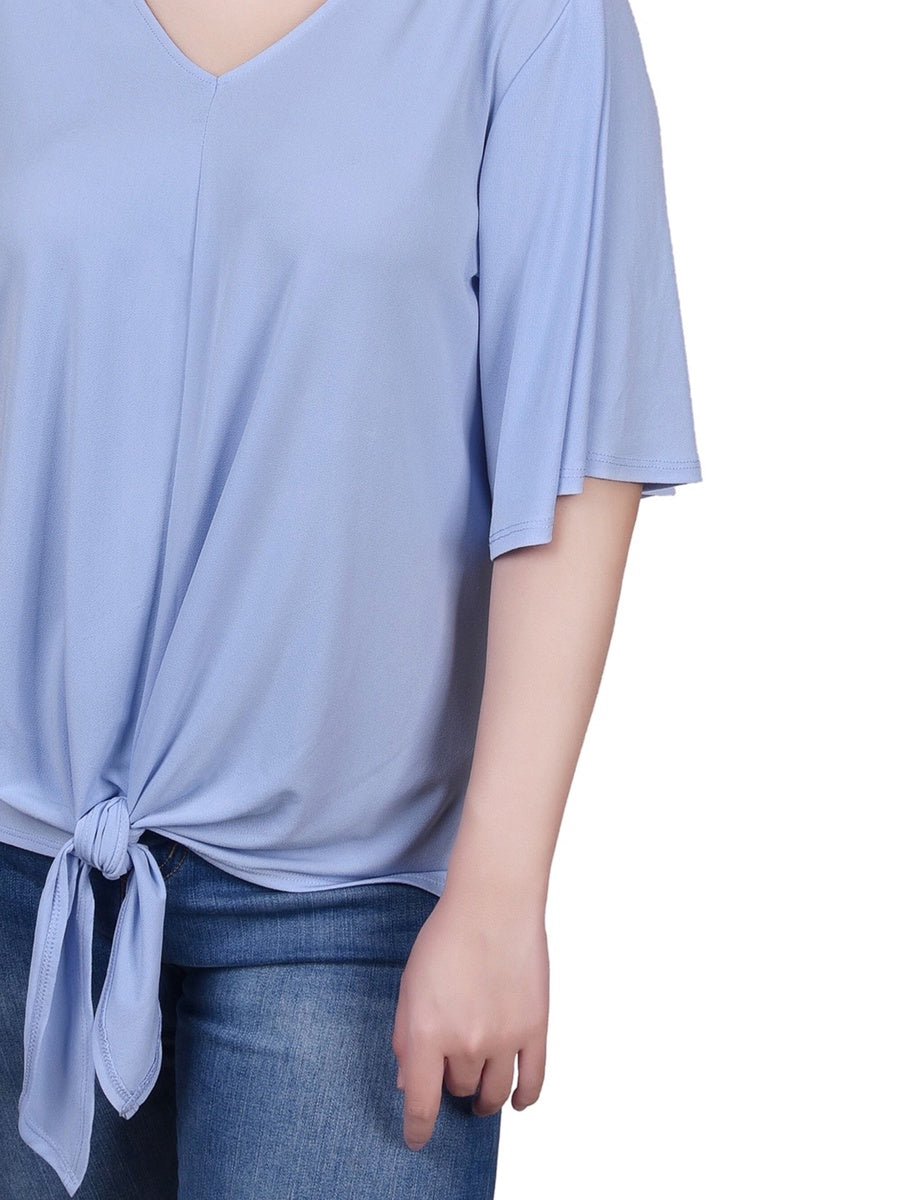  NY Collection Petite Elbow Sleeve Tie-Front Top - Blue Heron - Bonton