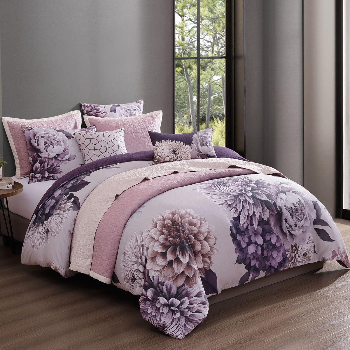  Bebejan Bebejan Plum Petal 8 Piece Reversible Comforter & Coverlet Set - QUEEN - Bonton