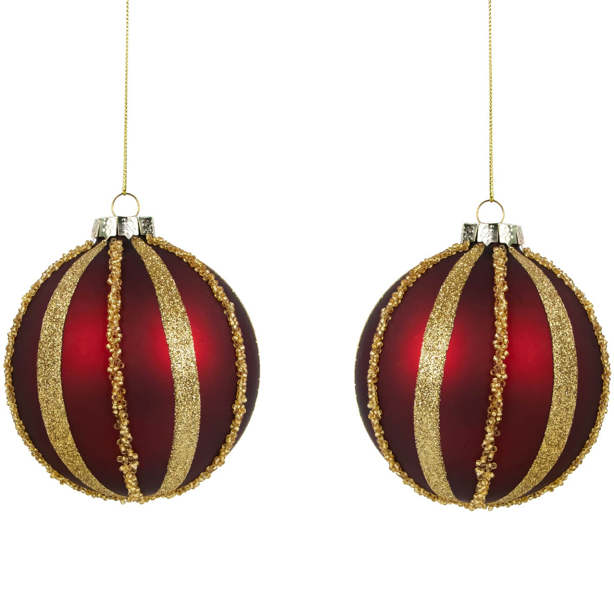  Northlight Set of 2 Burgundy and Gold Striped Beaded Christmas Glass Ball Ornaments 4