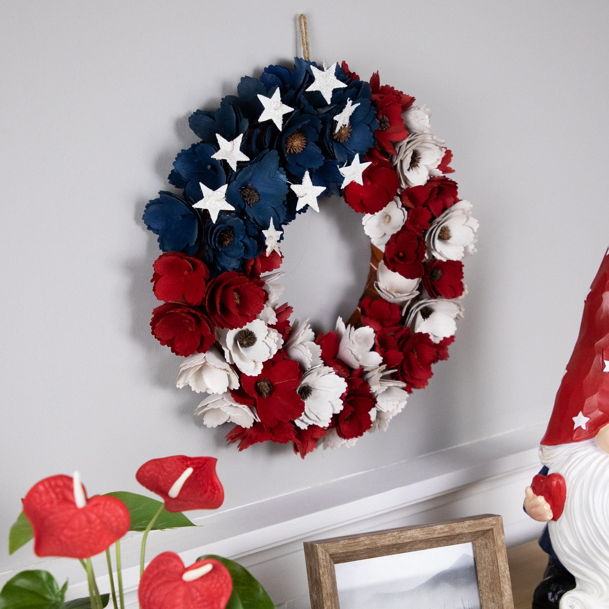  Northlight Americana Floral Flag Wood Shavings Wreath - 15