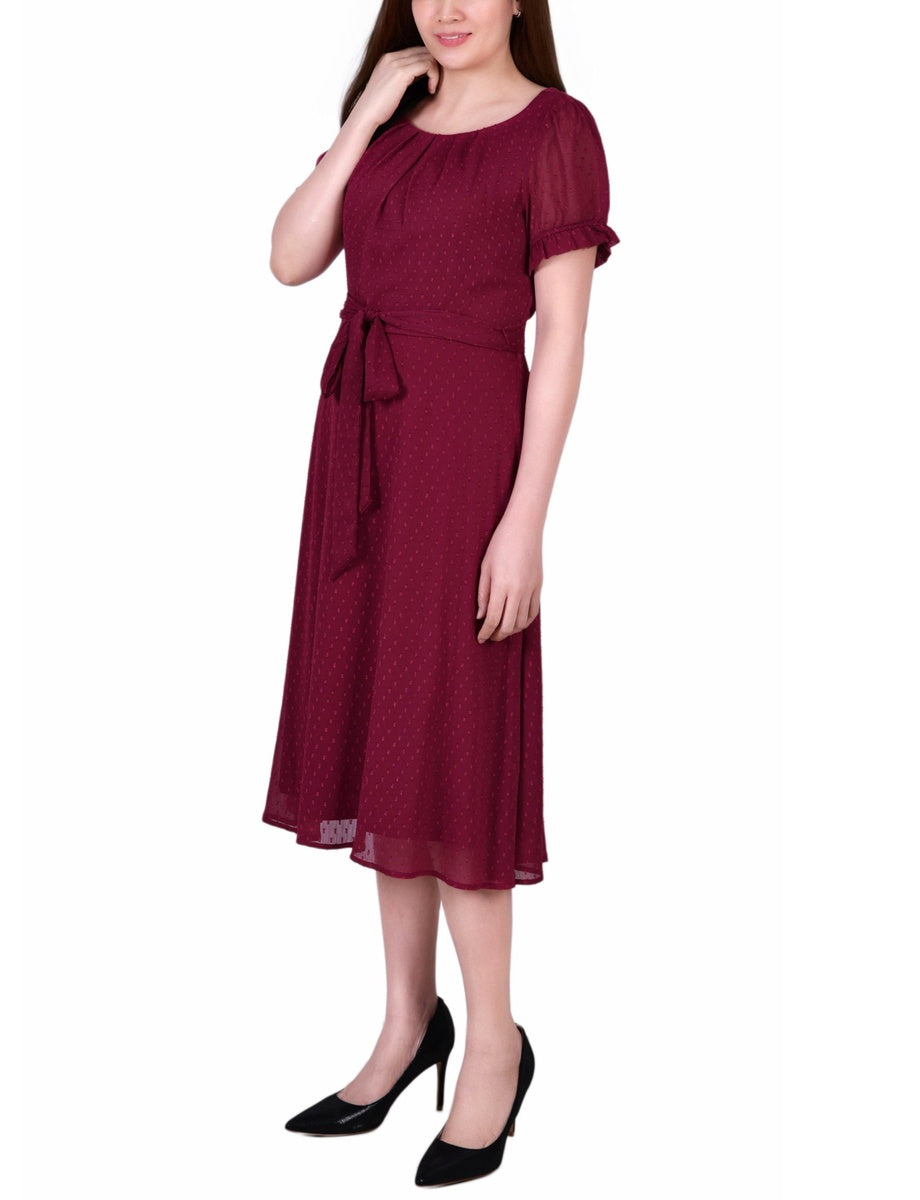  NY Collection Short Sleeve Belted Swiss Dot Dress - Mellow Rose Rectangle - Bonton