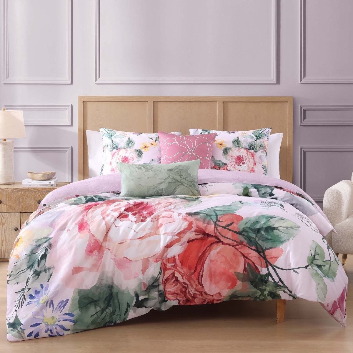  Bebejan Cool Pink Roses 5 Piece Reversible Comforter Set - King - Bonton