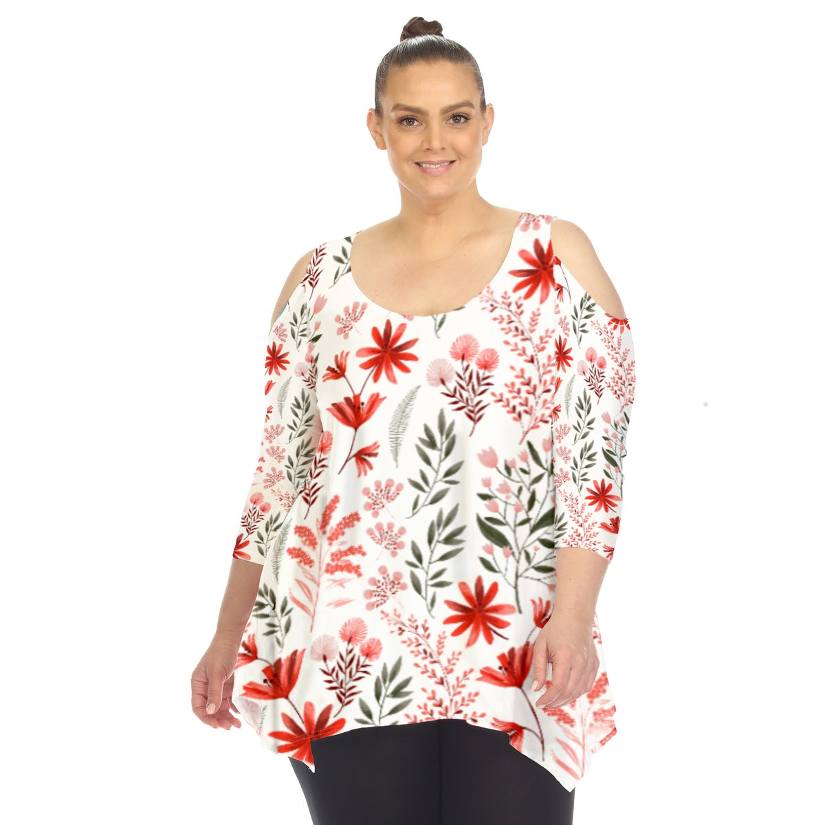  White Mark Plus Size Floral Printed Cold Shoulder Tunic - 1X - Bonton