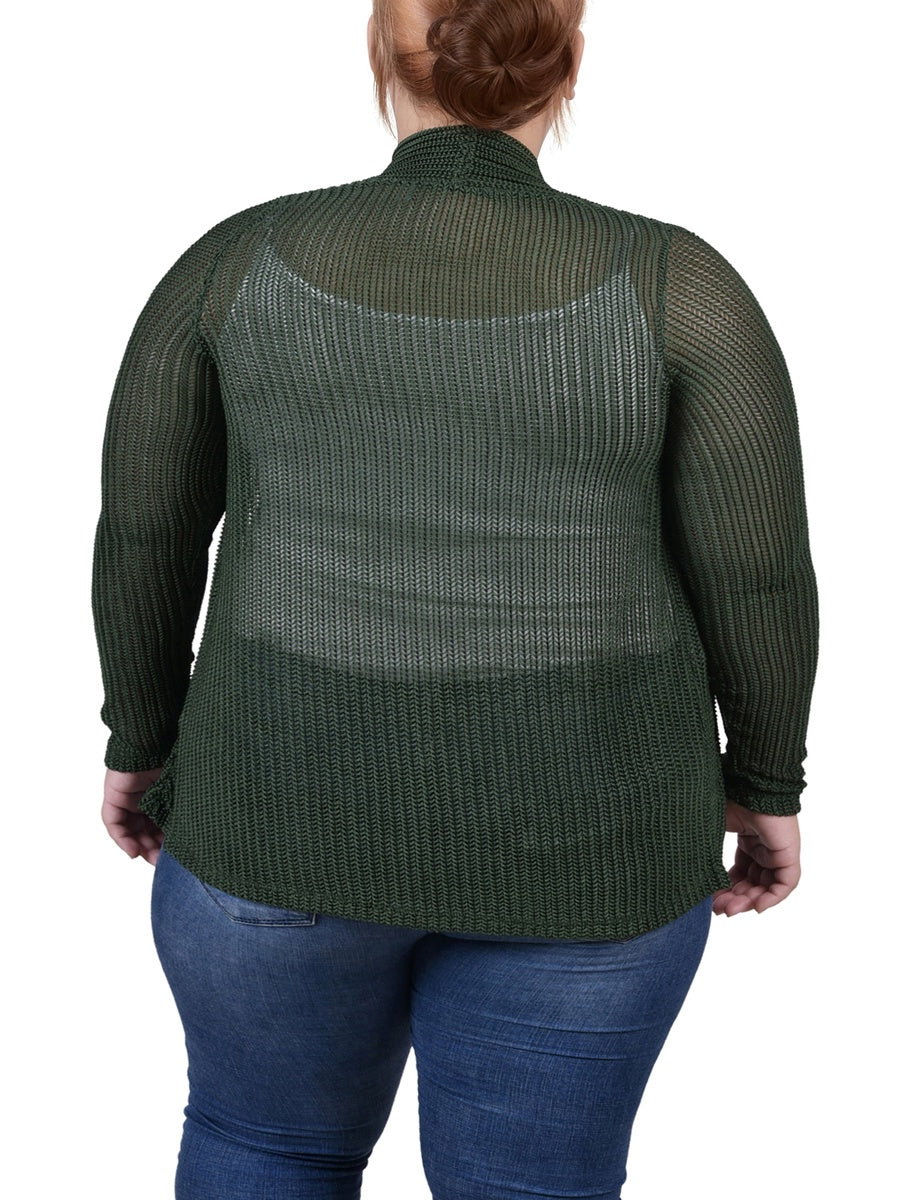  NY Collection Plus Size Open Knit Cardigan - Dark Green - Bonton