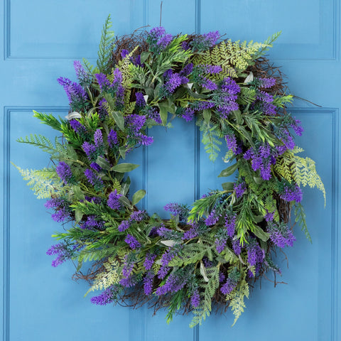 Lavender and Spring Foliage Artificial Floral Wreath  Purple - 24-Inch