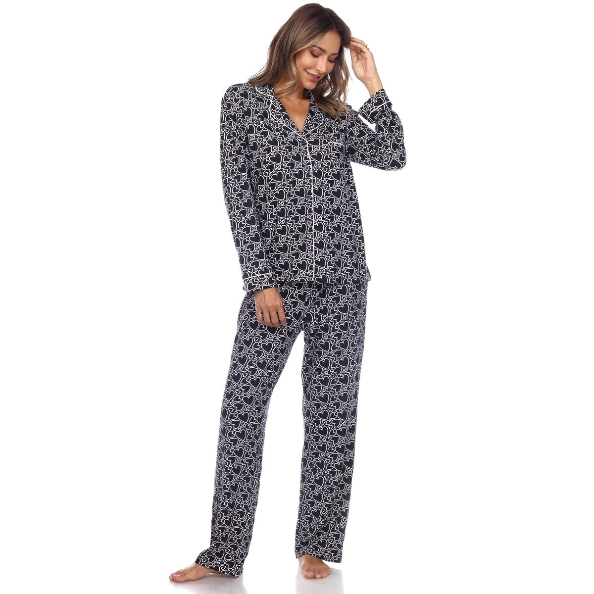  White Mark Women's Long Sleeve Heart Print Pajama Set - M - Bonton