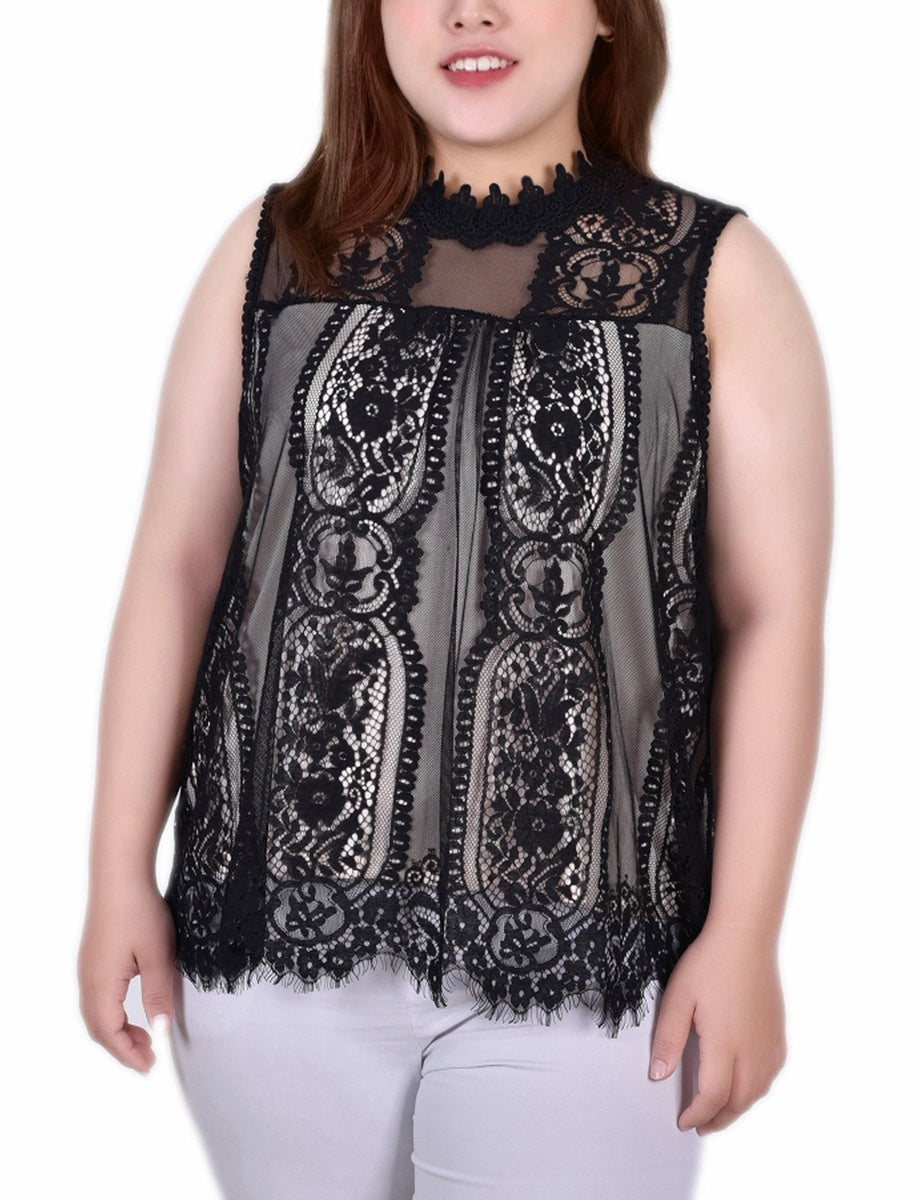  NY Collection Plus Size Sleeveless Mock Neck Lace Top - Black Nude - Bonton