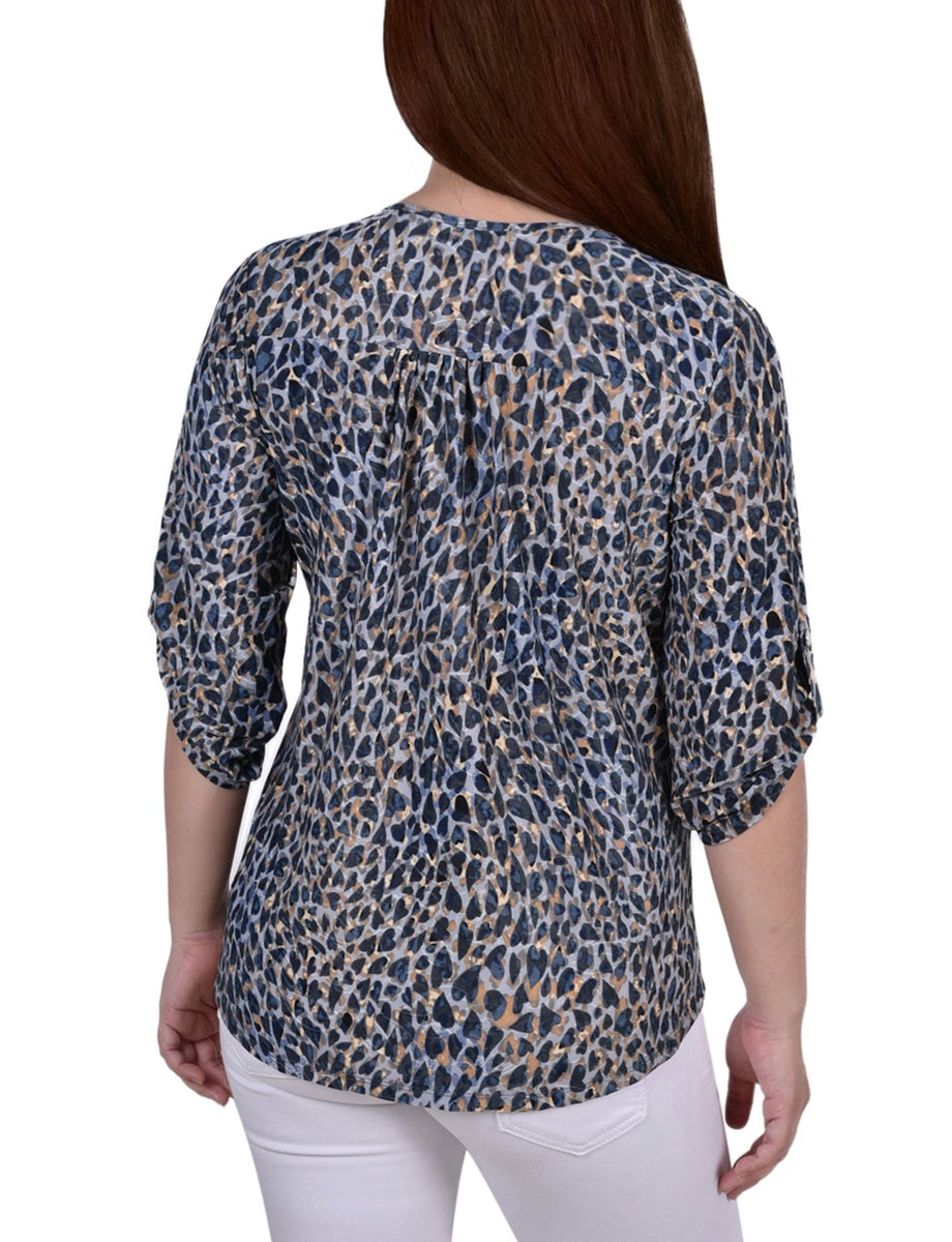  NY Collection 3/4 Roll Tab Zip Front Jacquard Knit Top - Red Sakadotduo - Bonton