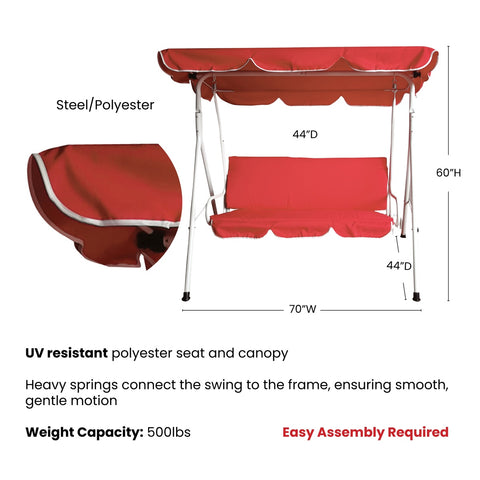 3-Seater Outdoor Patio Swing With Adjustable Canopy - Red