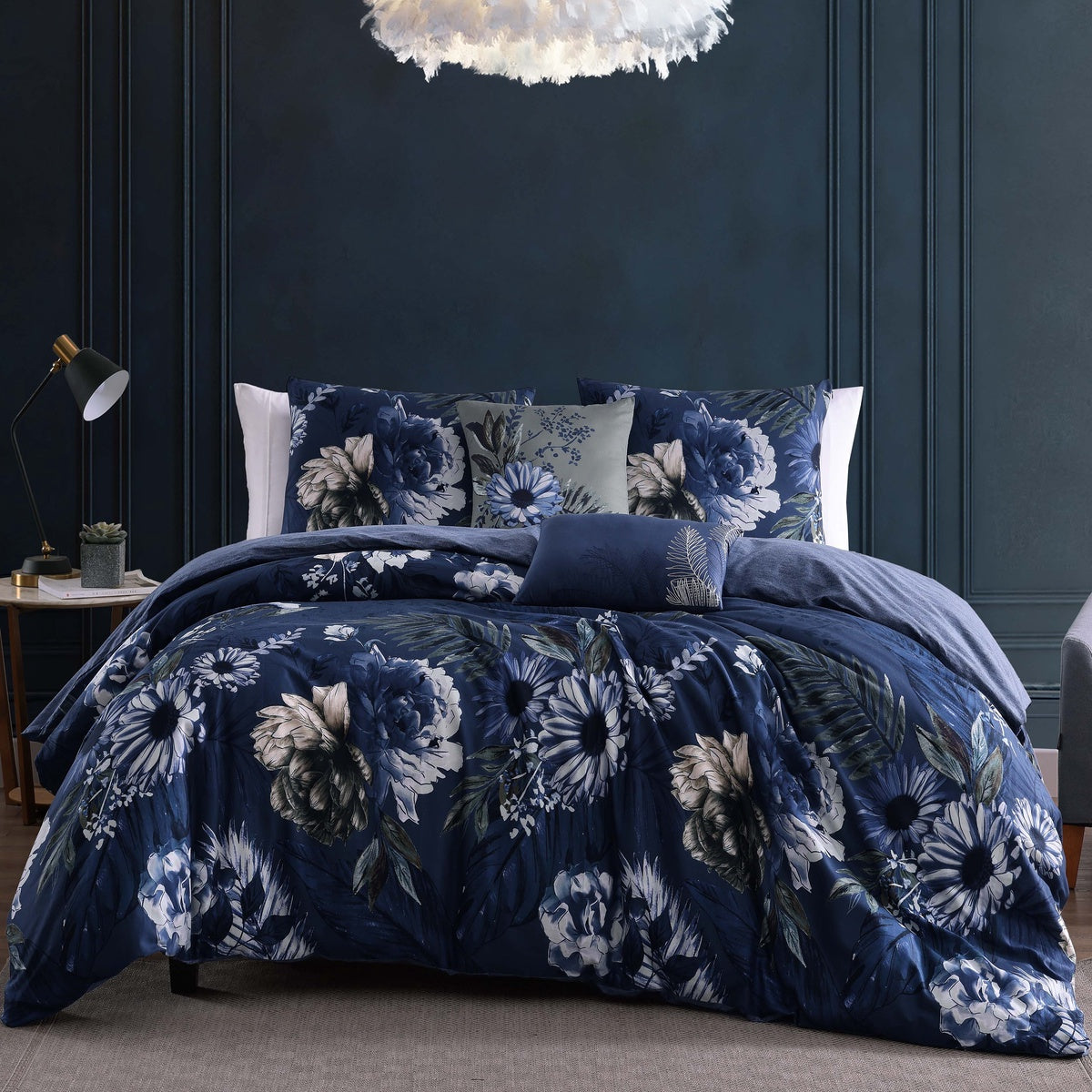  Bebejan Delphine Blue 100% Cotton 5-Piece Reversible Comforter Set - QUEEN - Bonton