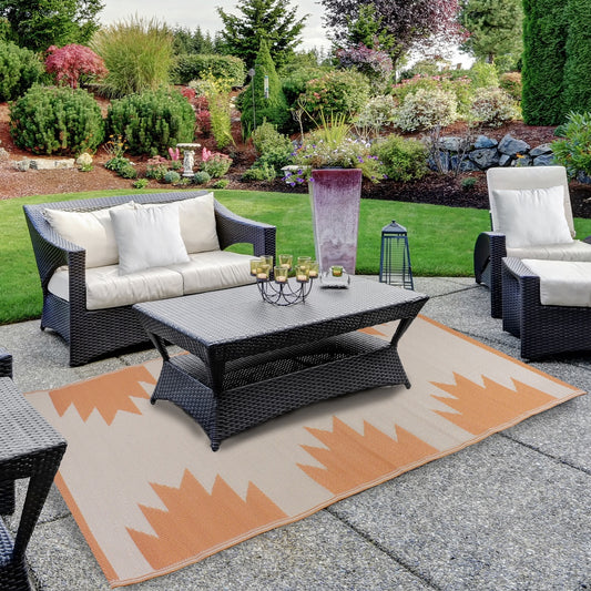 4' X 6' Orange and Beige Aztec Print Rectangular Outdoor Area Rug