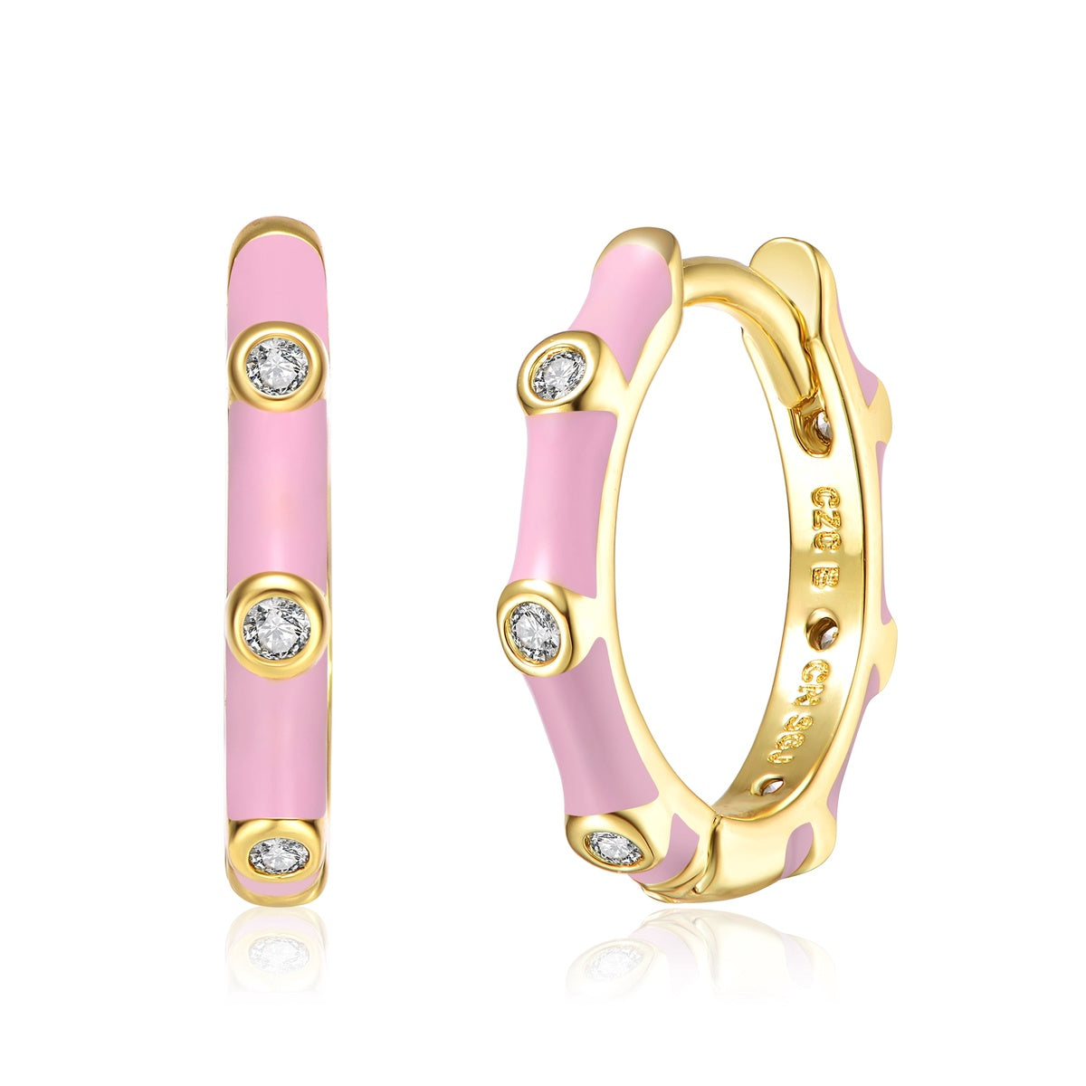  Rachel Glauber Baby/Kids 14k Yellow Gold Plated With Cubic Zirconia Pink Enamel Bamboo Hoop Earrings - Pink - Bonton