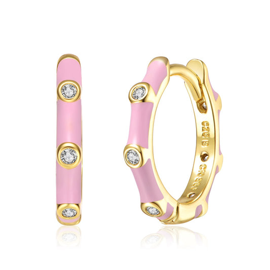 Baby/Kids 14k Yellow Gold Plated With Cubic Zirconia Pink Enamel Bamboo Hoop Earrings