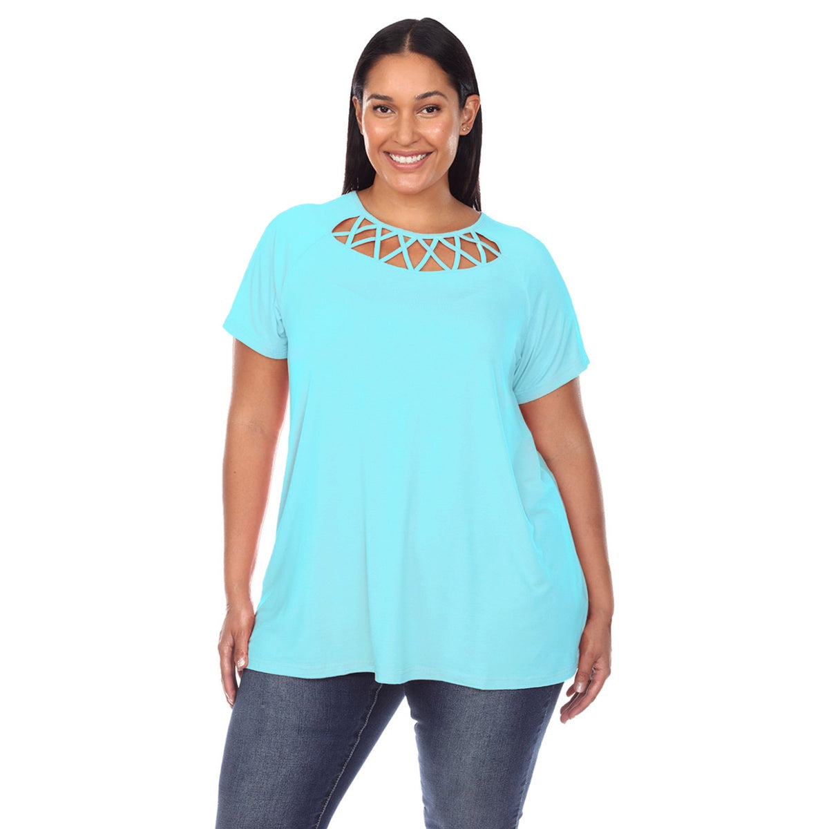  White Mark Plus Size Crisscross Cutout Short Sleeve Top - 1X - Bonton