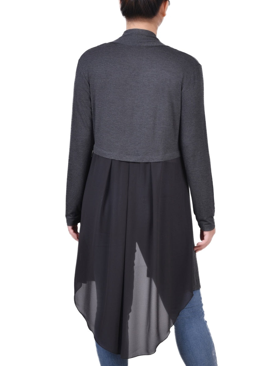  NY Collection Long Sleeve Knit Cardigan With Chiffon Back - Navy - Bonton