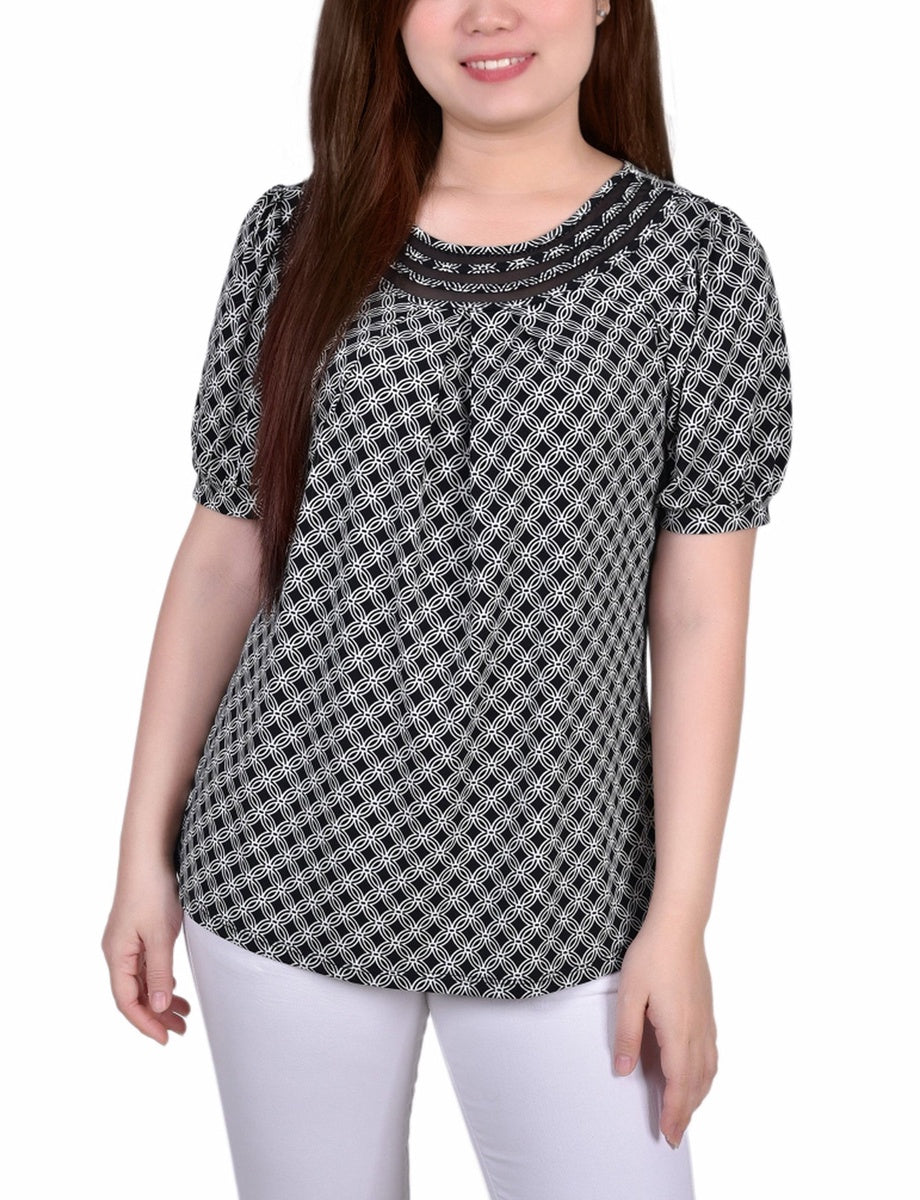  NY Collection Petite Short Puff Sleeve Sheer Inset Top - Black - Bonton