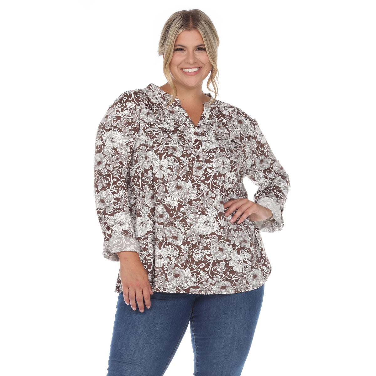  White Mark Plus Size Pleated Long Sleeve Floral Print Blouse - 1X - Bonton