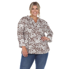 Plus Size Pleated Long Sleeve Floral Print Blouse