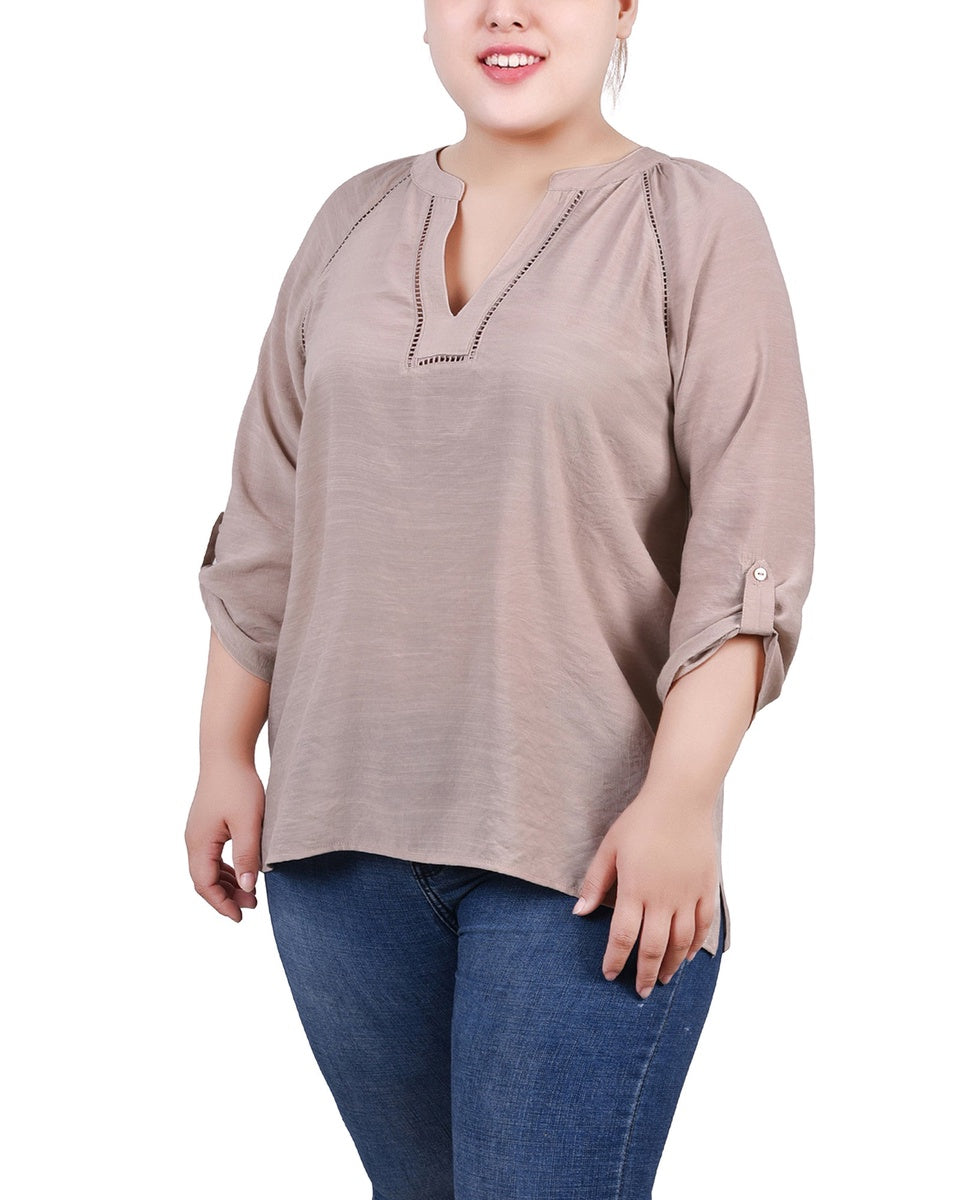  NY Collection Plus Size Raglan Sleeve Split Neck Blouse - Black - Bonton