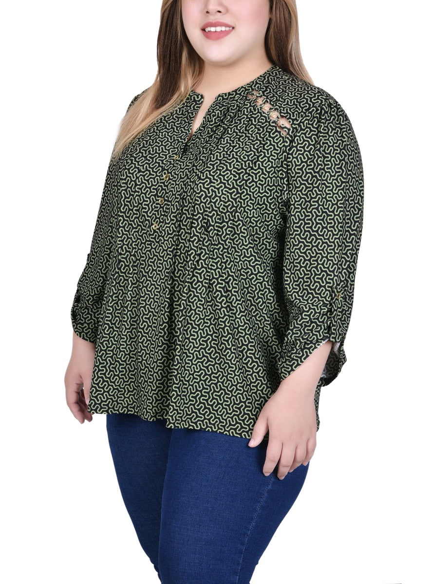  NY Collection Plus Size Long Sleeve Pintuck Front Top With Chain Details - Animal Lilas Dot - Bonton