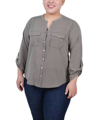 Plus Size 3/4 Roll Tab Sleeve Y-Neck Blouse