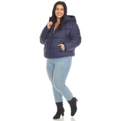 Plus Size Full Front Zip Hooded Bomber Puffer Coat