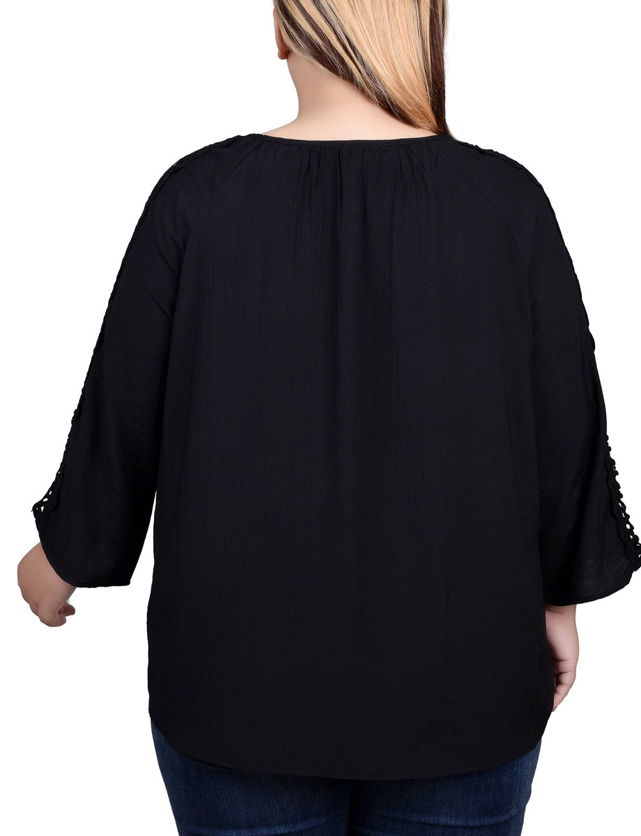  NY Collection Plus Size 3/4 Sleeve Crochet Detail Blouse - Black - Bonton