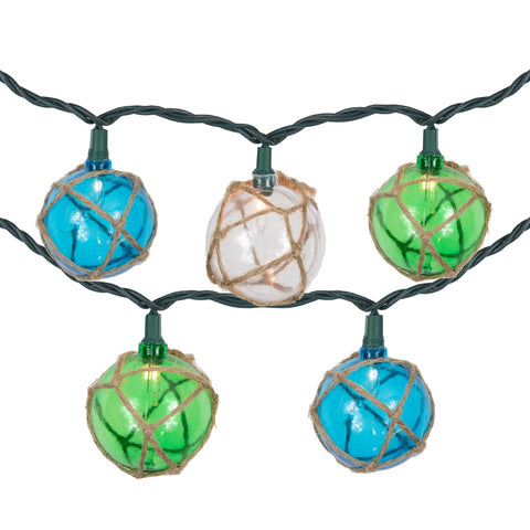 Natural Jute Wrapped Ball Patio Light Set - Blue and Green - 6' Green Wire - 10ct