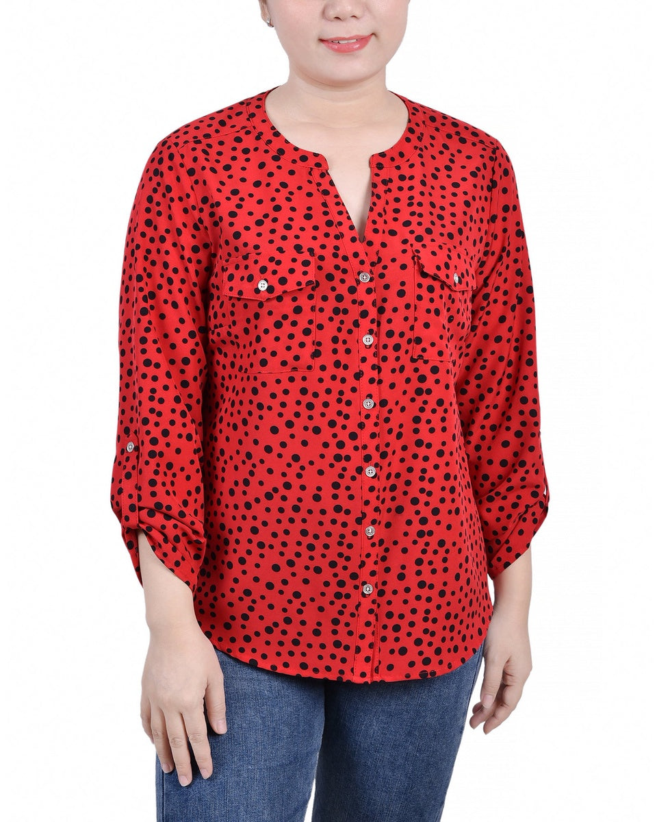  NY Collection Petite 3/4 Sleeve Roll Tab Y Neck Blouse - Black White Abstract - Bonton