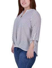 Plus Size 3/4 Sleeve Mandarin Collar Blouse With Front Pleats