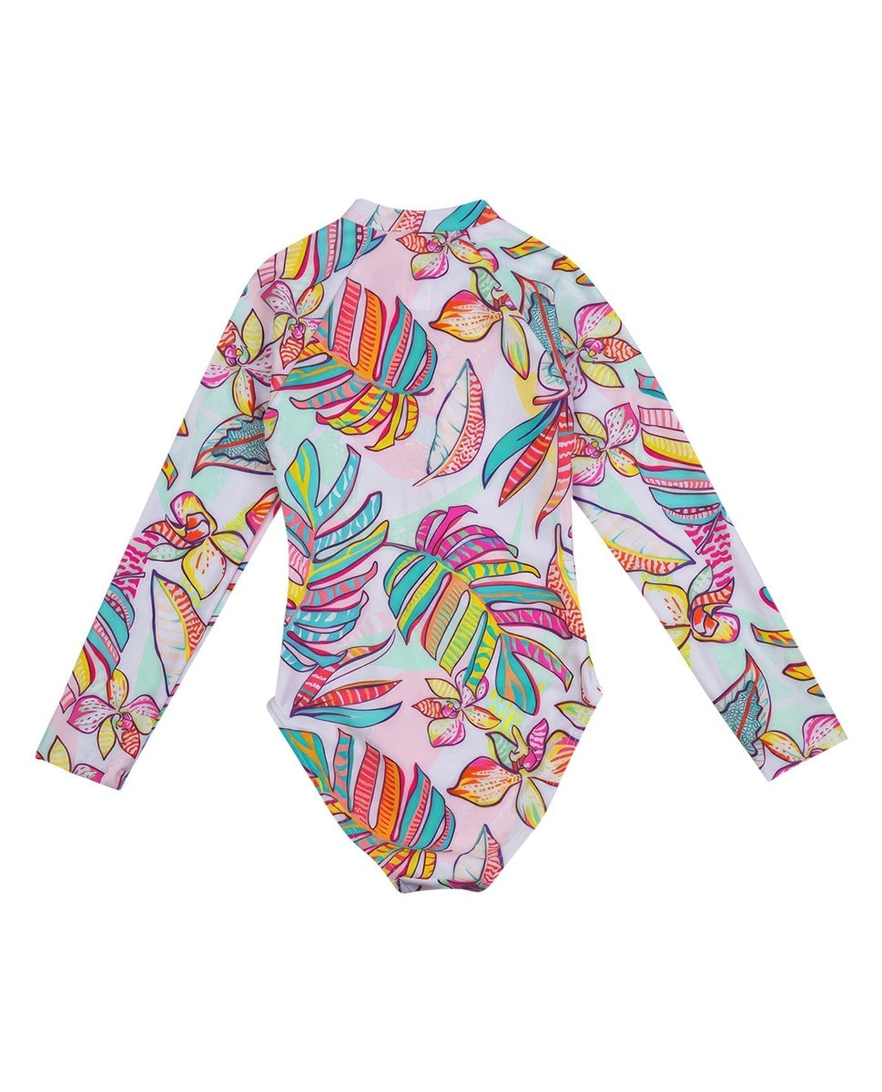  Gottex Kids Palm Island Long Sleeve Zip Up Rash Guard One Piece Swimsuit - GOTTEX KIDS PALM ISLAND - Bonton