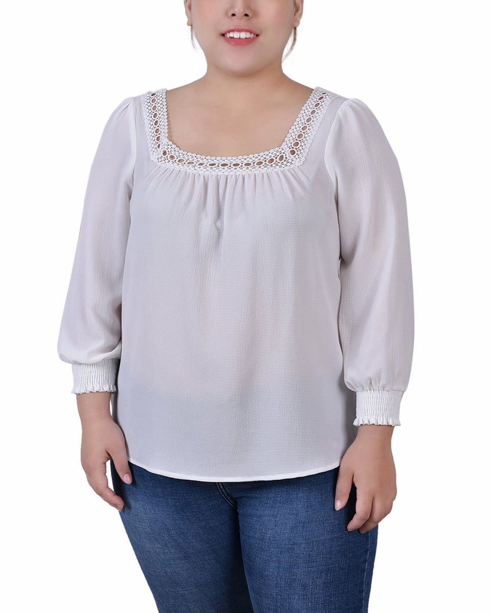  NY Collection Plus Size 3/4 Sleeve Square Neck Blouse - Ivory - Bonton