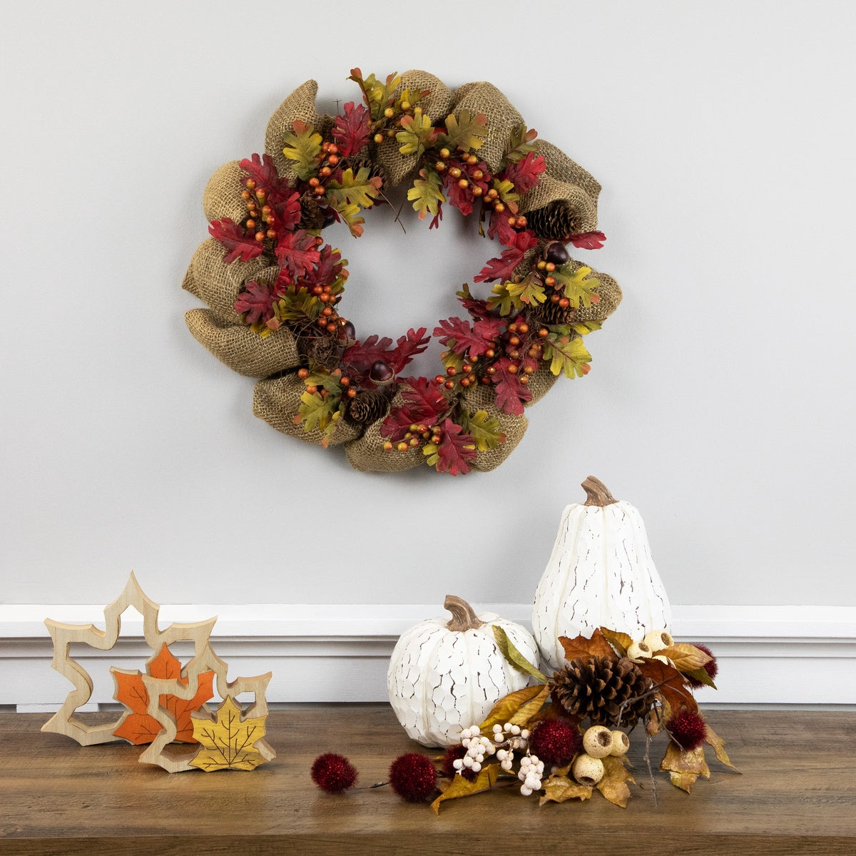  Northlight Rustic Burlap Fall Harvest Wreath With Acorns and Berries  18-Inch - Default Title - Bonton