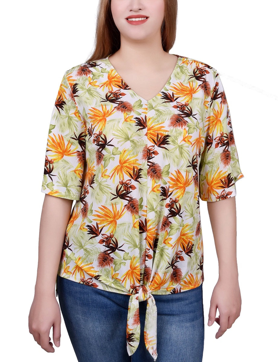  NY Collection Petite Elbow Sleeve Tie-Front Top - Blue Heron - Bonton