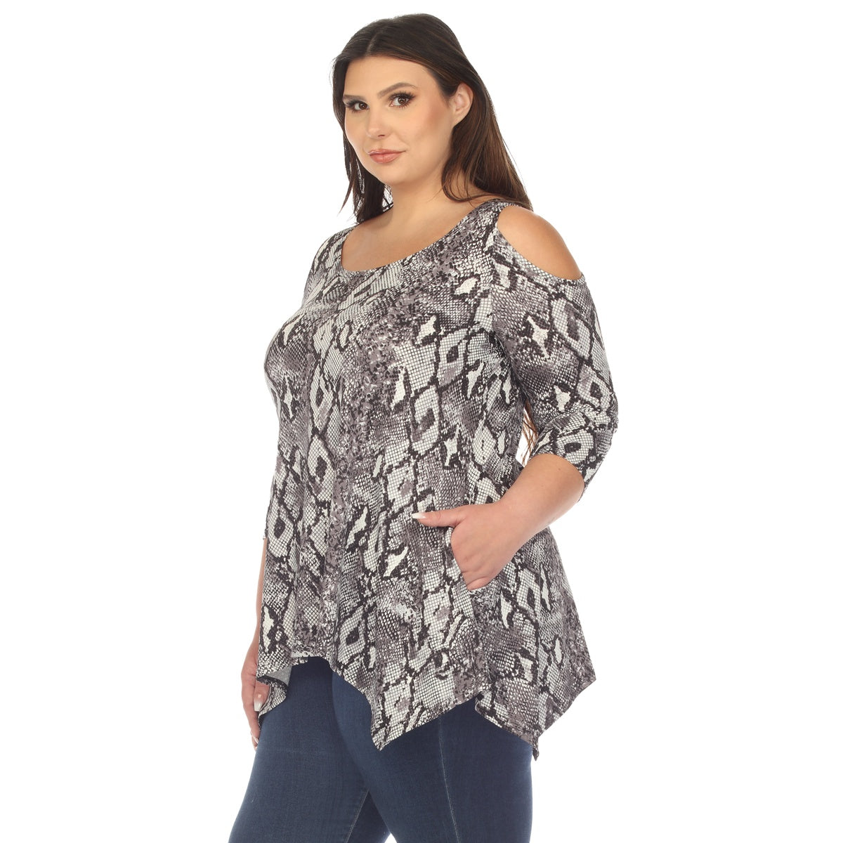  White Mark Plus Size Snake Print Cold Shoulder Tunic - 1X - Bonton