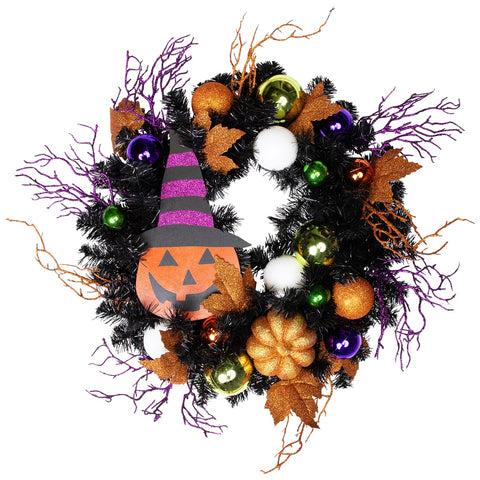 Jack-O-Lantern in Witches Hat Halloween Pine Wreath  24-Inch  Unlit
