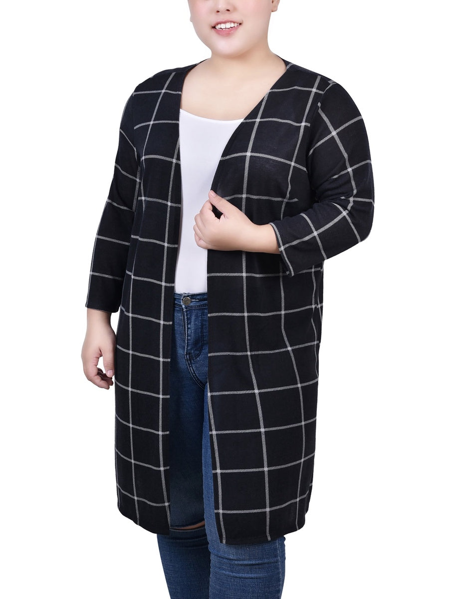  NY Collection Plus Size 3/4 Sleeve Knit Cardigan - Black White Plaid - Bonton