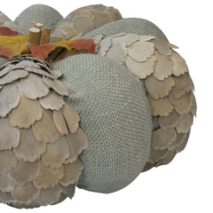 Fall Harvest Layered Wooden Leaves and Burlap Pumpkin - 10" - Green and Beige