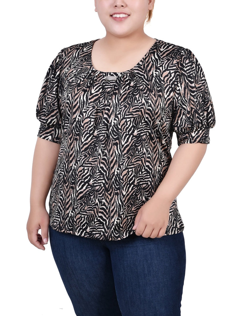  NY Collection Plus Size Short Sleeve Balloon Sleeve Top With Hardware - Black Taupe Zebra - Bonton