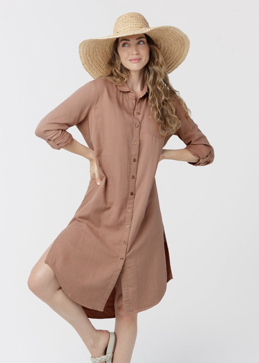  Cabana Life Sand Gauze Button Down Shirt Dress - XS - Bonton