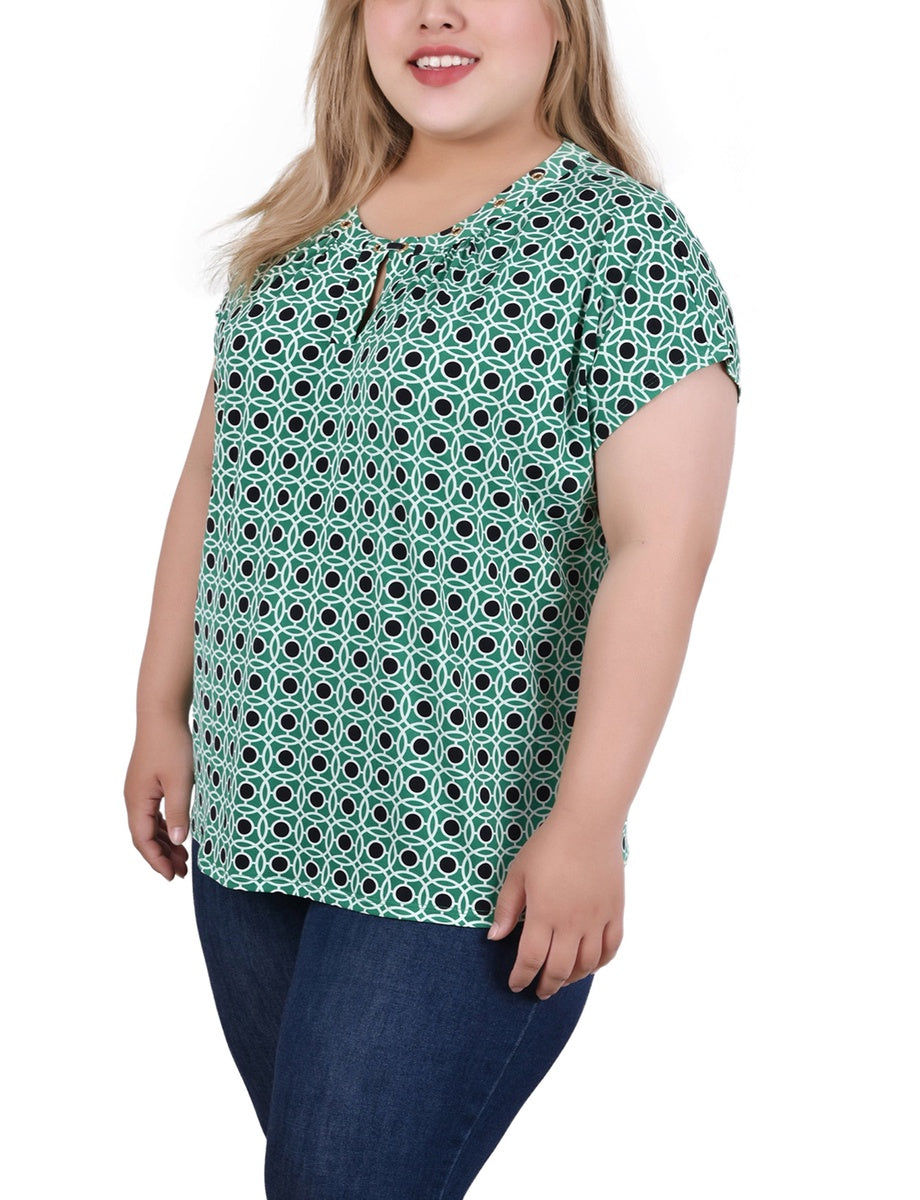  NY Collection Plus Size Extended Sleeve Top With Grommets - Black Blue Taupe Abstract - Bonton