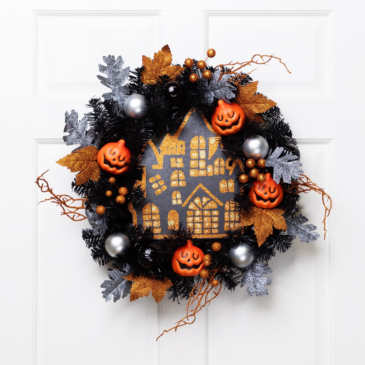  Northlight Orange and Black Haunted House Halloween Wreath  24-Inch  Unlit - Default Title - Bonton
