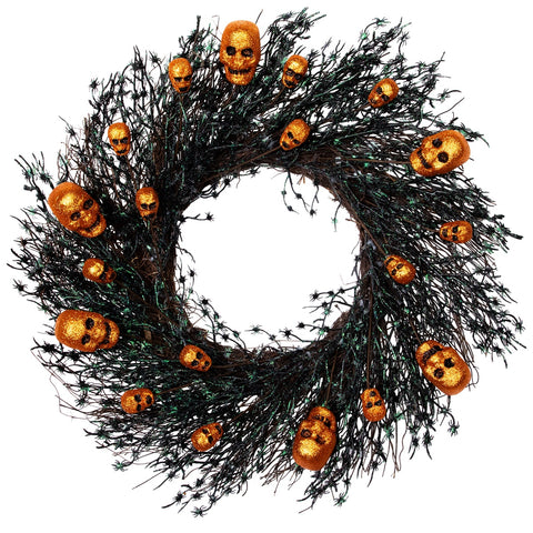 Black and Orange Skulls and Spiders Halloween Twig Wreath  22-Inch  Unlit