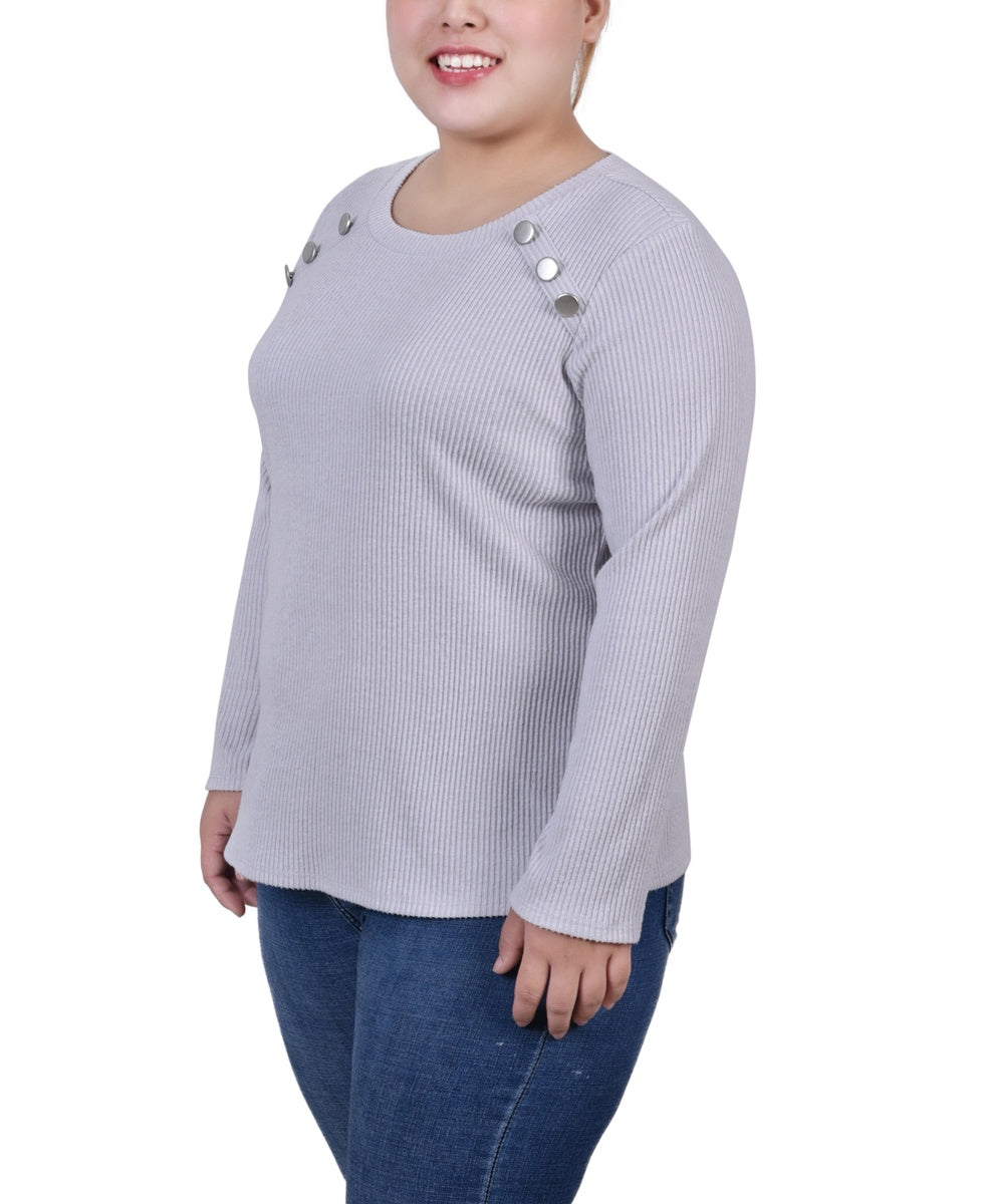  NY Collection Plus Size Long Sleeve Ribbed Button Detail Top - Ivory - Bonton